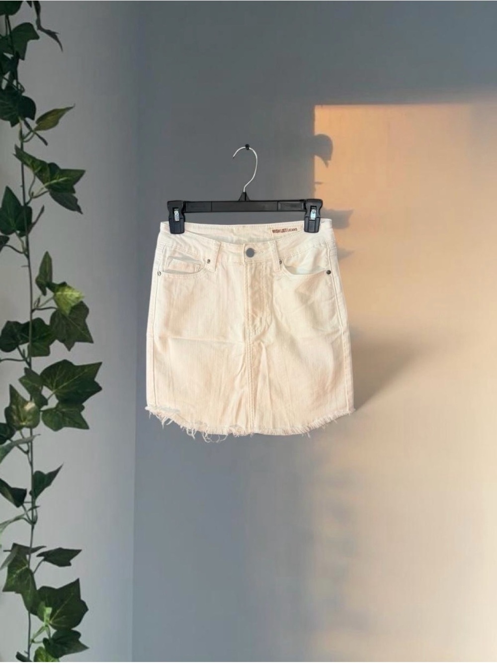 Cream Denim Mini Skirt with Frayed Hem